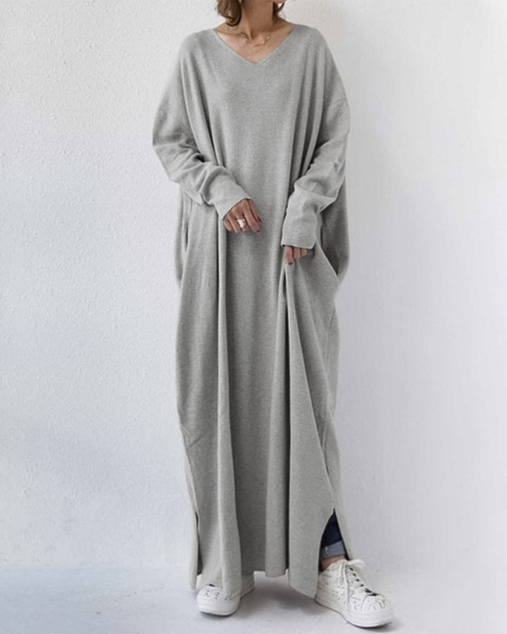 Eveluna - Stylish Long-Sleeve V-Neck Dress