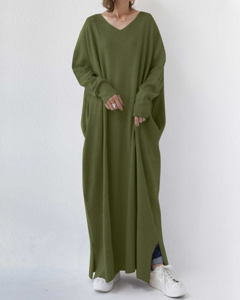 Eveluna - Stylish Long-Sleeve V-Neck Dress