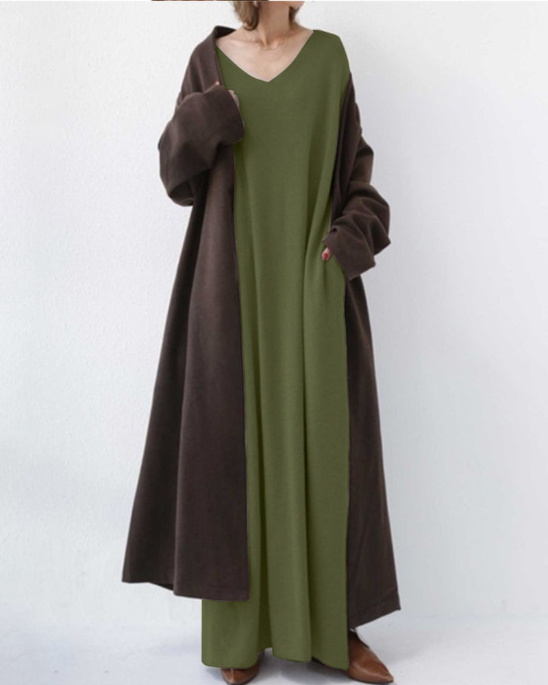 Eveluna - Stylish Long-Sleeve V-Neck Dress