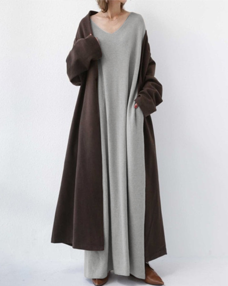 Eveluna - Stylish Long-Sleeve V-Neck Dress