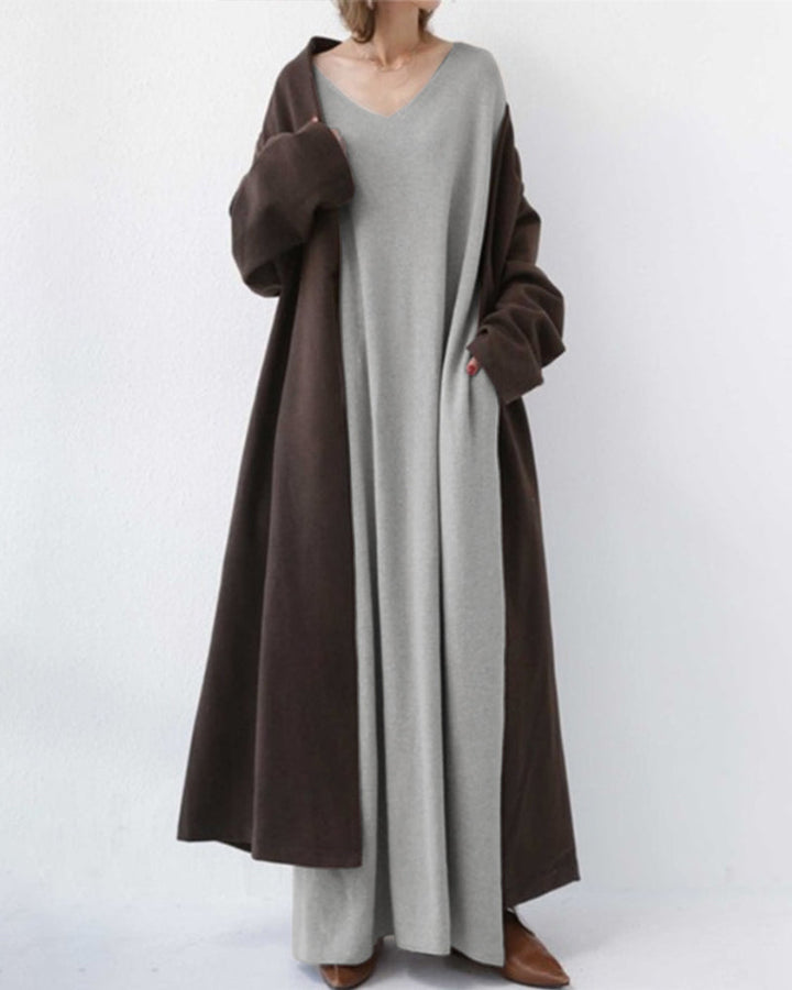 Eveluna - Stylish Long-Sleeve V-Neck Dress
