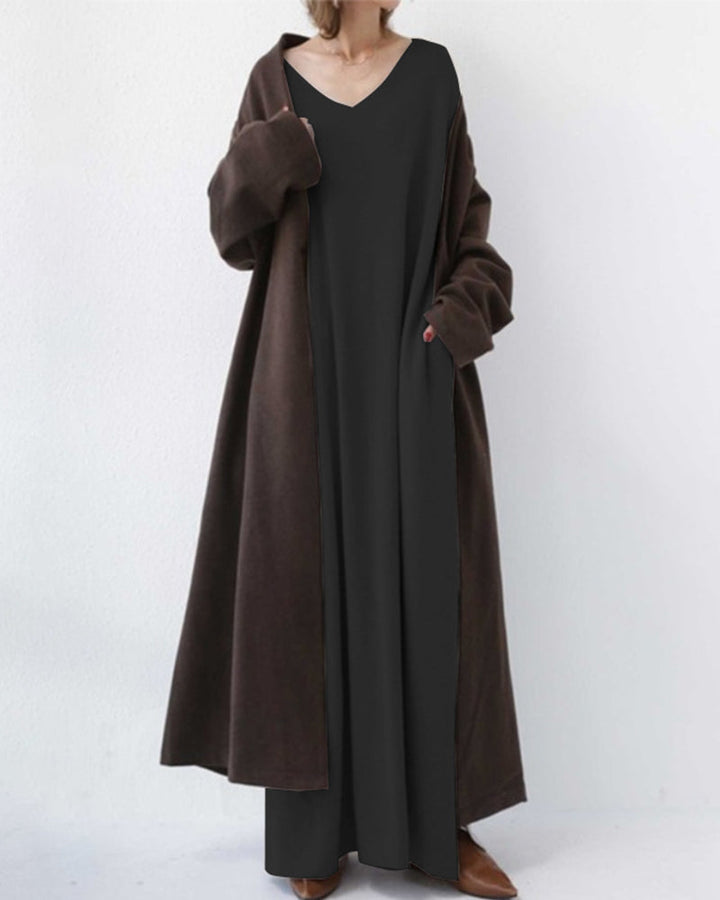 Eveluna - Stylish Long-Sleeve V-Neck Dress