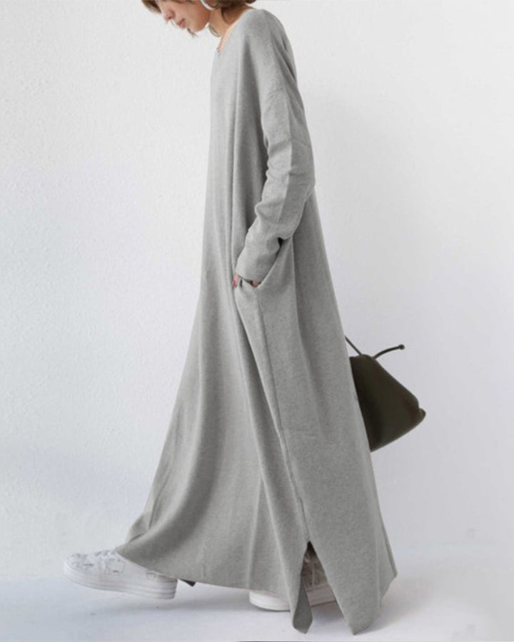 Eveluna - Stylish Long-Sleeve V-Neck Dress