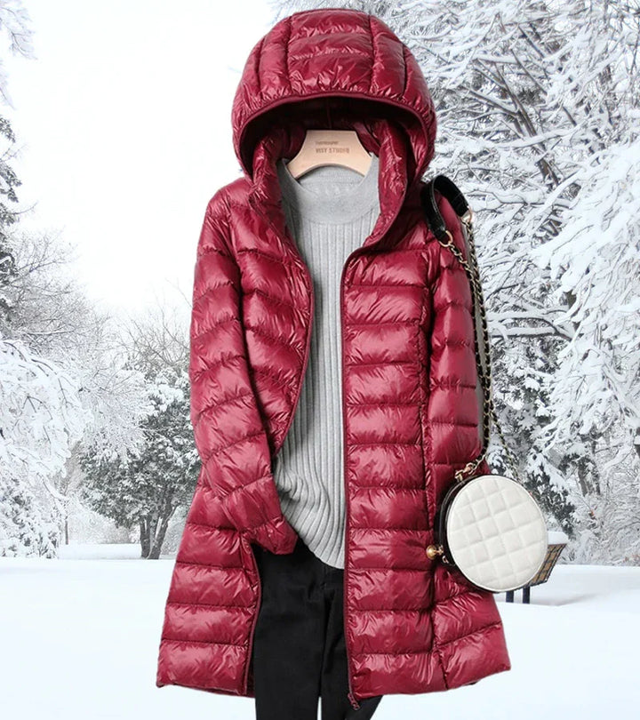 Faleen London | Ultra-Light Long Puffer Jacket with Hood