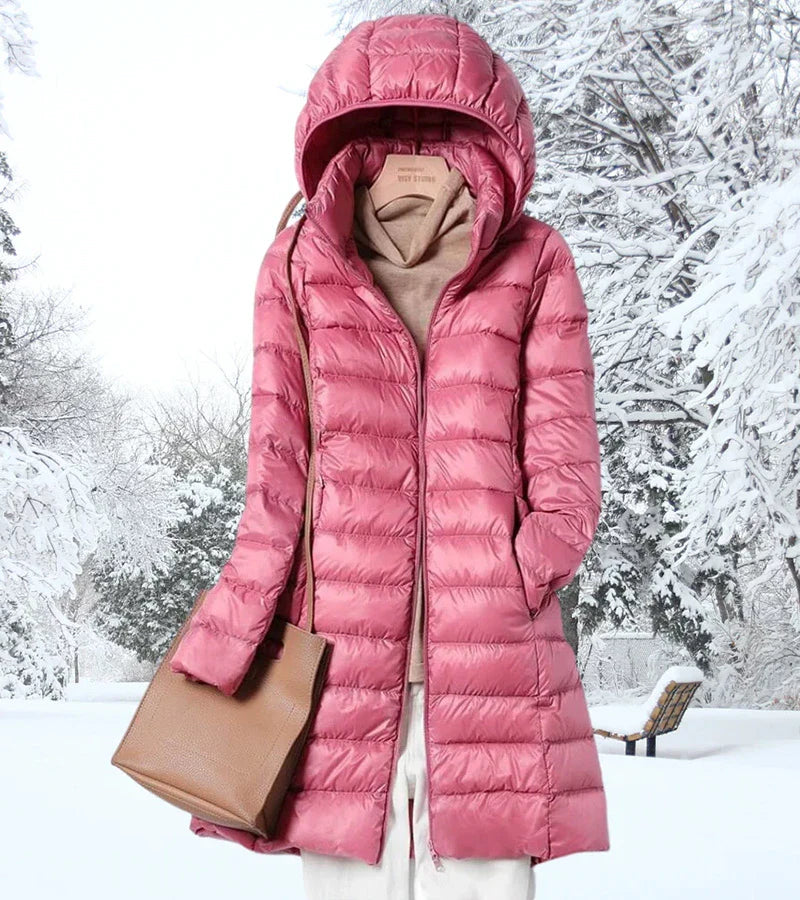 Faleen London | Ultra-Light Long Puffer Jacket with Hood