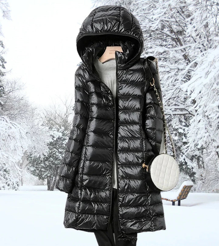 Faleen London | Ultra-Light Long Puffer Jacket with Hood