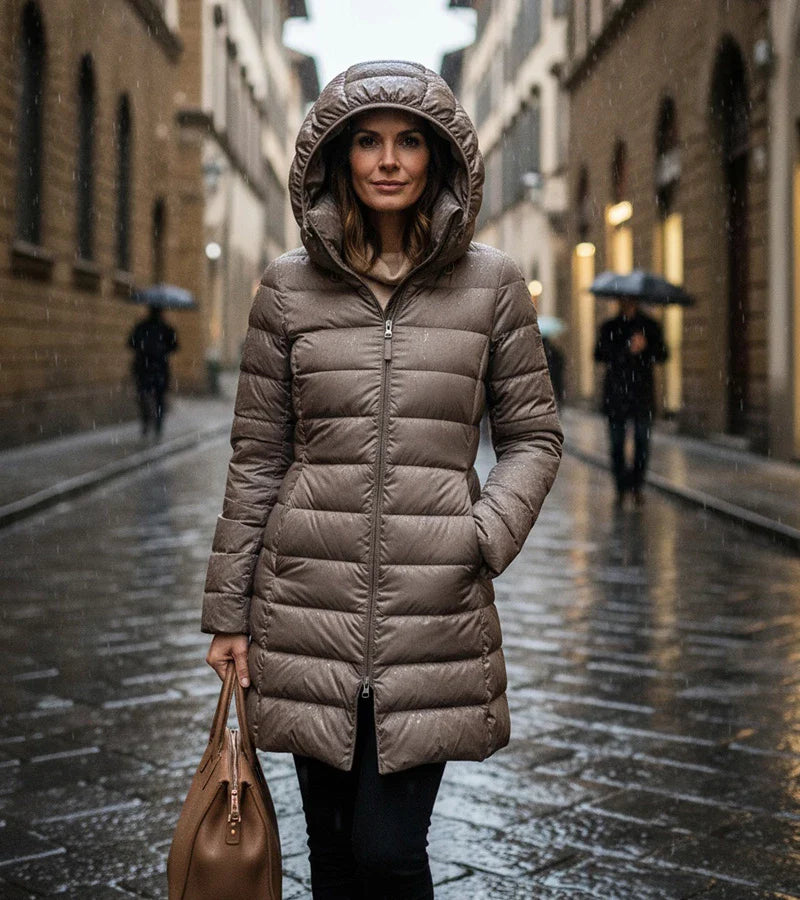 Faleen London | Ultra-Light Long Puffer Jacket with Hood